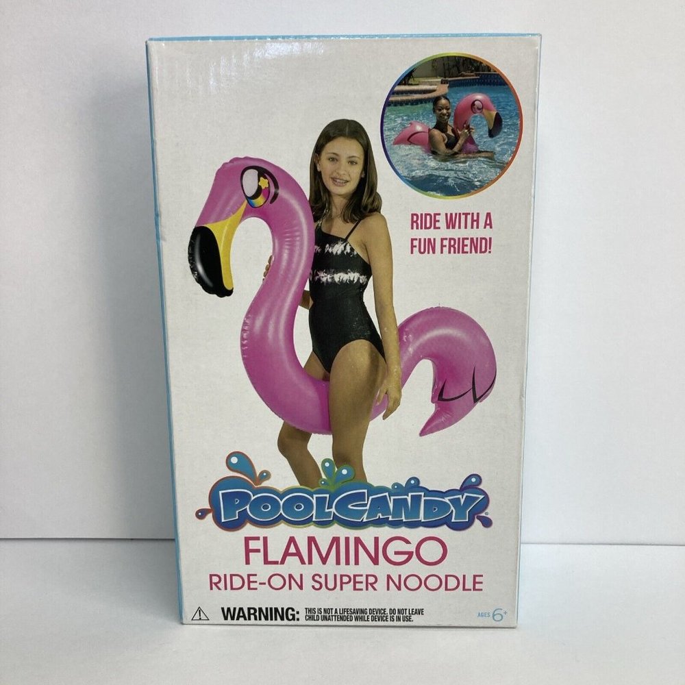 PoolCandy Flamingo Ride-On Super Noodle Ages 6+ Pink Holds Up To 200 Lbs Summer